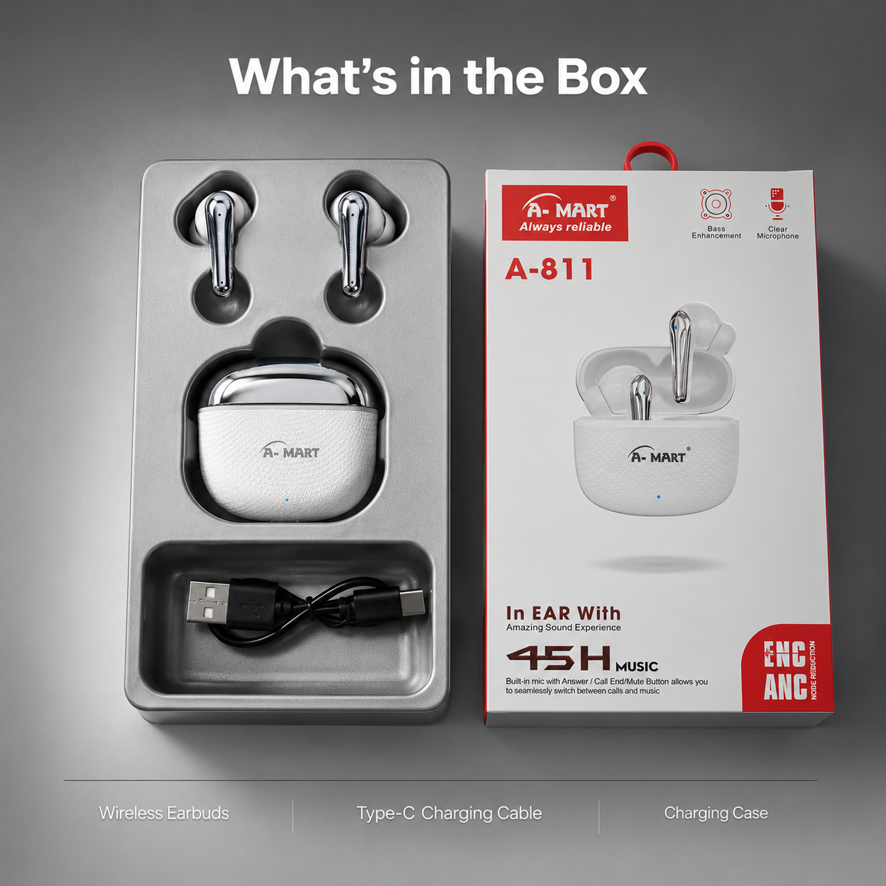 A-MART A-811 Premium Wireless Earbuds | 45 Hours Music Playtime | ENC & ANC Noise Reduction | Bluetooth V5.3 Intelligent Chip | Zero Delay Lossless Audio |  (White)