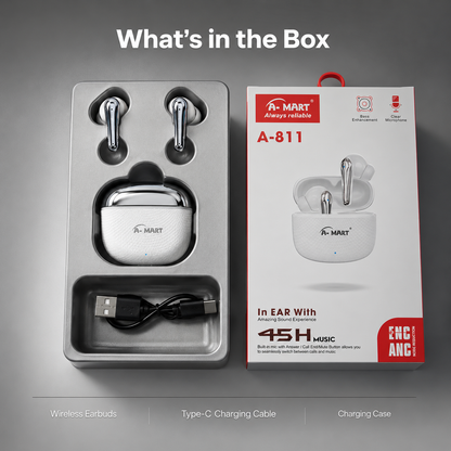 A-MART A-811 Premium Wireless Earbuds | 45 Hours Music Playtime | ENC & ANC Noise Reduction | Bluetooth V5.3 Intelligent Chip | Zero Delay Lossless Audio |  (White)