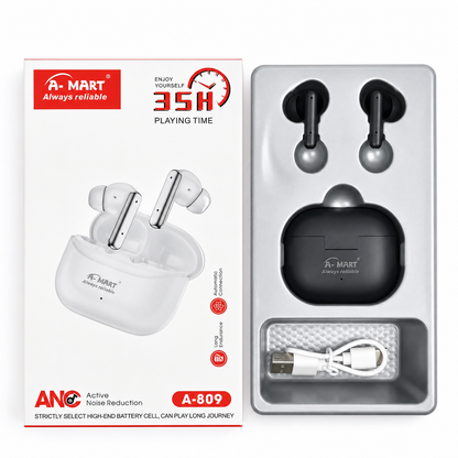 A-MART A-809 Premium True Wireless Earbuds | ANC Active Noise Reduction | 35 Hours Playtime | Deep BASS & 3D Stereo Effect | Bluetooth 5.4 | (Black)