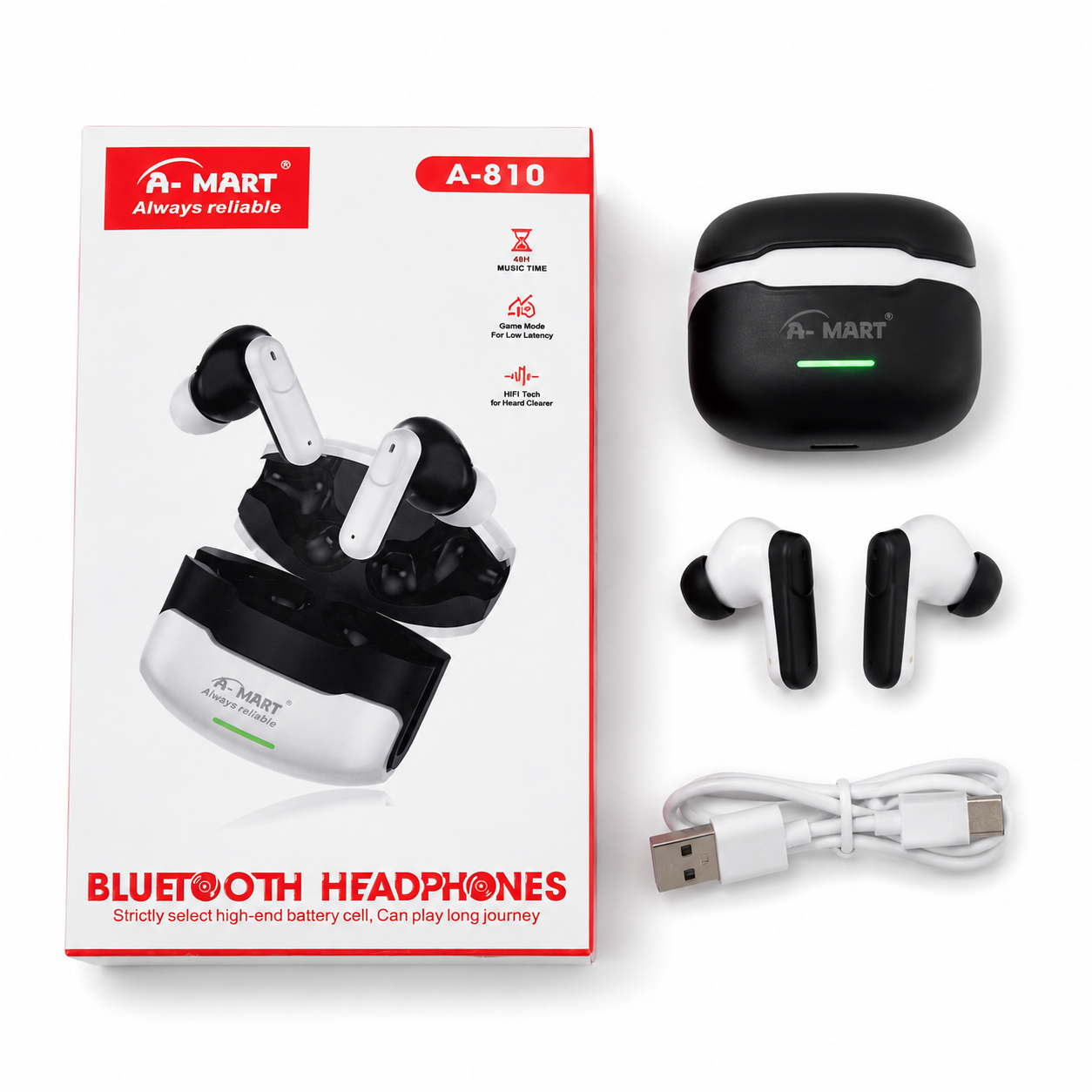 A-MART A-10 Premium Gaming Earbuds (Black & White) | Bluetooth 5.4 | -48dB Noise Reduction | 1000H Standby Battery | Waterproof Wireless Earphones with Instant Connection